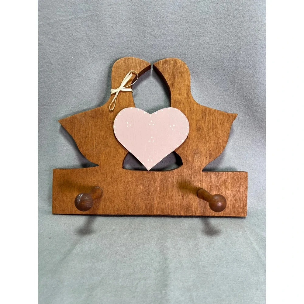 Wood Hanging Wall Hooks Kissing Ducks 80s Vintage Rustic Farmhouse Cottagecore